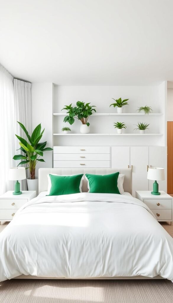 A well-lit, spacious bedroom with a cohesive green and white color palette. In the foreground, a king-sized bed with a plush white comforter and green accent pillows. Flanking the bed, two matching white nightstands with minimalist green lamps. In the middle ground, a large white dresser with clean lines and green hardware. On the walls, floating white shelves displaying lush green plants. The background features a large window allowing natural light to flood the space, sheer white curtains framing the view. The overall atmosphere is serene, sophisticated, and in harmony with the chosen color scheme.