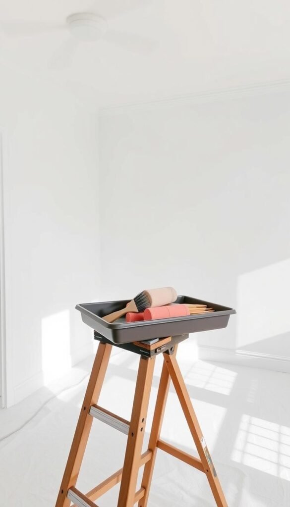 A well-lit, spacious bedroom with smooth, white walls ready for a fresh coat of peach paint. In the foreground, a tray of paint supplies sits atop a sturdy wooden ladder, including a paint roller, tray, and an array of brushes. The middle ground showcases the walls, their surface perfectly primed and sanded, creating an even canvas for the upcoming transformation. Subtle shadows cast by the lighting rig in the background accentuate the smooth, uniform texture of the walls, hinting at the seamless, professional-grade finish to come. The overall atmosphere is one of anticipation and attention to detail, setting the stage for the impactful peach hue that will soon breathe new life into the space.