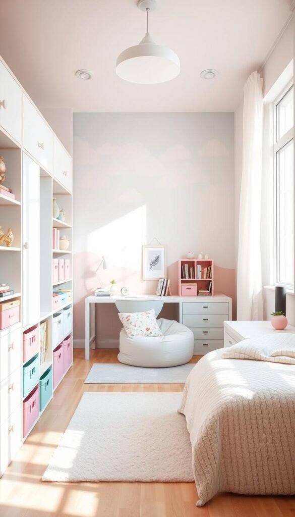 A well-organized and airy girls' bedroom with a bright, natural lighting setup. In the foreground, a lively and vibrant storage system with various compartments, shelves, and drawers in pastel hues and whimsical patterns. The middle ground features a cozy reading nook with plush pillows and a comfy beanbag chair, accompanied by a sleek and minimalist desk setup. The background showcases a tasteful wall mural with a dreamy, cloud-like landscape, complementing the overall serene and imaginative atmosphere. The entire scene exudes a sense of harmony, functionality, and a touch of playfulness, perfectly suited for a young girl's personal haven.