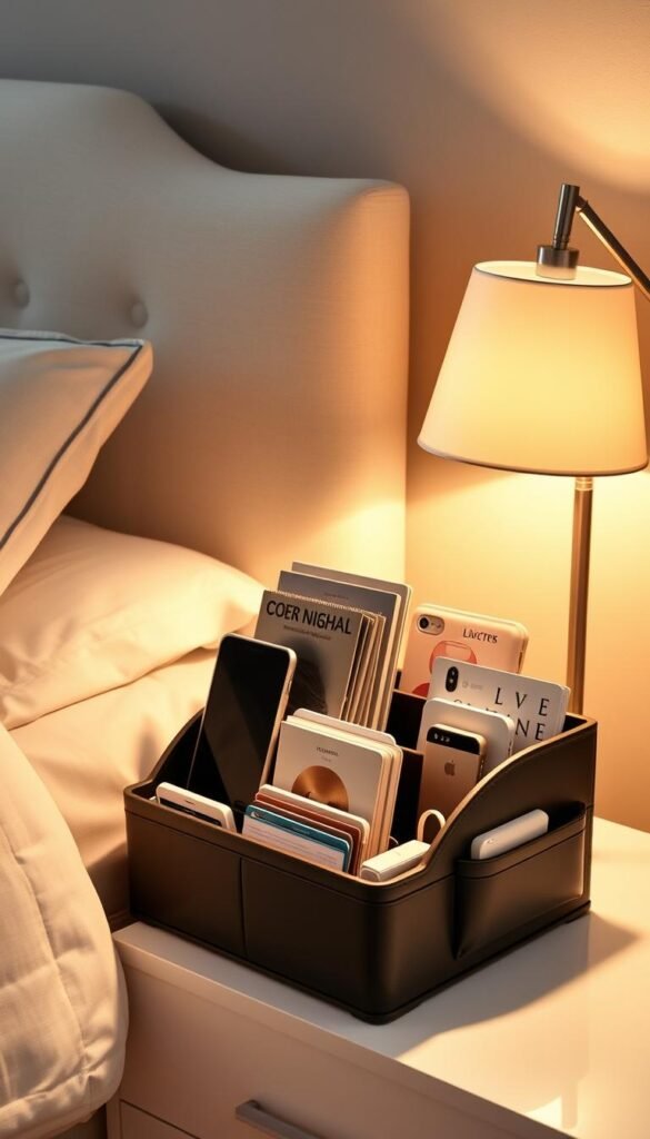 A well-organized and stylish bedside caddy storage solution, featuring multiple compartments and pockets for storing books, magazines, phone chargers, and other bedside essentials. The caddy is made of high-quality materials, with a sleek, modern design that complements the overall aesthetic of a cozy and fashionable girls' bedroom. Soft, warm lighting from a nearby table lamp illuminates the scene, creating a inviting and relaxing atmosphere. The caddy is positioned on a nightstand or side table, adding a touch of functionality and organization to the space. A well-organized and stylish bedside caddy storage solution, featuring multiple compartments and pockets for storing books, magazines, phone chargers, and other bedside essentials. The caddy is made of high-quality materials, with a sleek, modern design that complements the overall aesthetic of a cozy and fashionable girls' bedroom. Soft, warm lighting from a nearby table lamp illuminates the scene, creating a inviting and relaxing atmosphere. The caddy is positioned on a nightstand or side table, adding a touch of functionality and organization to the space.