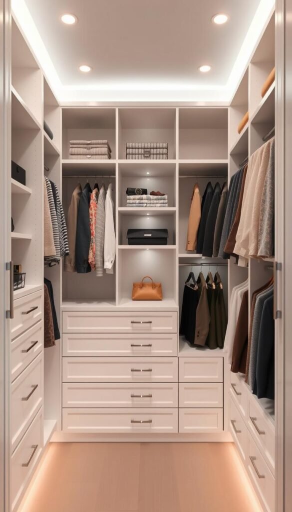 A well-organized closet system with clean lines and efficient storage solutions. Showcasing custom shelving, drawers, and hanging rods in a bright, airy space. Soft ambient lighting illuminates the pristine white cabinetry and gleaming chrome hardware. Meticulously arranged clothing and accessories create a harmonious, visually appealing display. A neutral color palette and minimalist design enhance the sense of order and tranquility. The composition features a symmetrical layout with a central focus, allowing the organizational elements to take center stage. An inspiring example of a closet tailored for maximum efficiency and visual appeal.