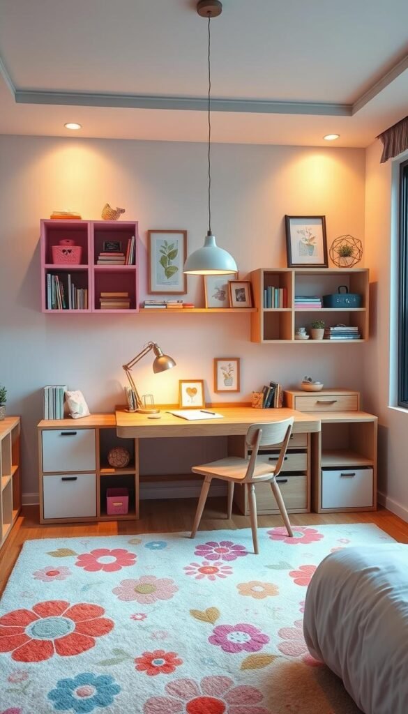 A well-organized, cozy girls bedroom with ample storage solutions. In the foreground, a set of modular wall shelves in pastel colors, holding books, decorative boxes, and a few framed artworks. In the middle ground, a wooden desk with integrated drawers and cubbies, providing ample space for homework, crafts, and organization. Soft, indirect lighting from a pendant fixture casts a warm glow, complemented by a plush area rug in a vibrant floral pattern. In the background, a large window overlooking a lush, verdant landscape, creating a serene, nature-inspired atmosphere.