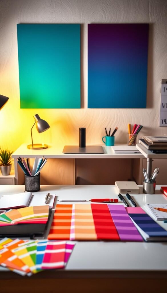 A well-organized desk showcasing a vibrant color psychology palette. In the foreground, an array of color swatches, stationery, and office supplies arranged in a visually pleasing composition. The middle ground features a sleek, modern desk with clean lines and a minimalist design. The background is softly lit, creating a warm, inviting atmosphere with subtle hints of texture and pattern. The overall scene evokes a sense of creativity, focus, and the power of color to influence mood and productivity. Captured with a sharp, high-resolution lens, this image would be a perfect illustration for the "Color Psychology: Selecting Your Desk's Palette" section of the article. A well-organized desk showcasing a vibrant color psychology palette. In the foreground, an array of color swatches, stationery, and office supplies arranged in a visually pleasing composition. The middle ground features a sleek, modern desk with clean lines and a minimalist design. The background is softly lit, creating a warm, inviting atmosphere with subtle hints of texture and pattern. The overall scene evokes a sense of creativity, focus, and the power of color to influence mood and productivity. Captured with a sharp, high-resolution lens, this image would be a perfect illustration for the "Color Psychology: Selecting Your Desk's Palette" section of the article.