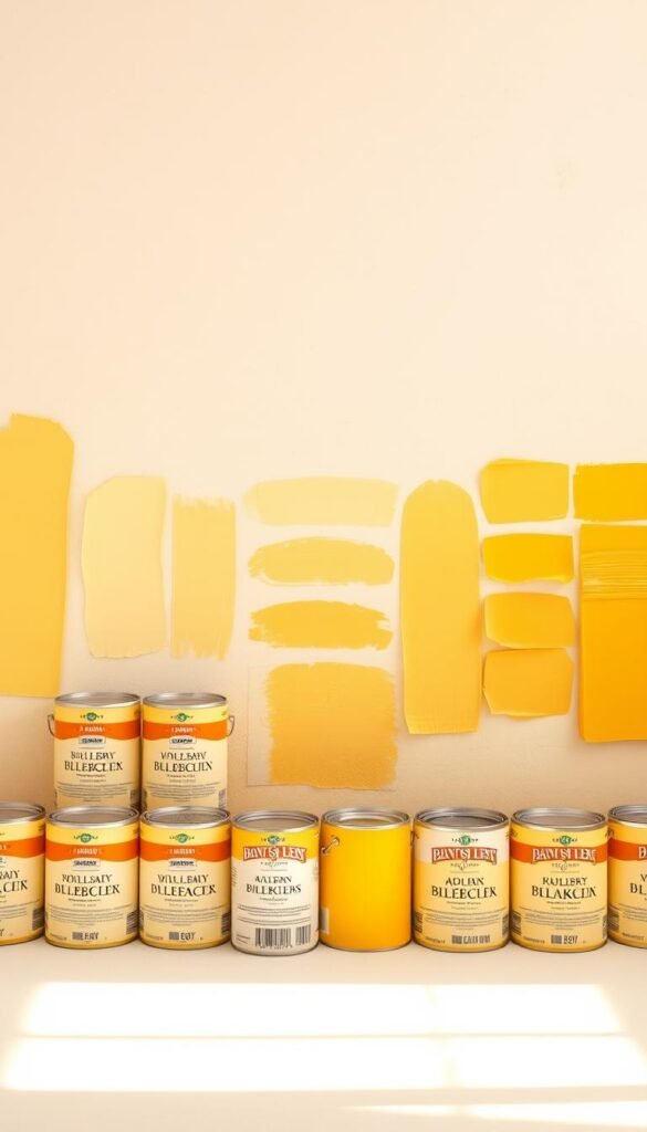 A well-organized display of vibrant yellow paint samples, arranged artfully against a soft, light-filled backdrop. The foreground features an array of paint cans, their labels clearly visible, ranging from buttery pastel hues to deep, mustard tones. The middle ground showcases expertly brushed paint swatches on a textured, off-white wall, highlighting the subtle variations and depth of each shade. Warm, diffused lighting casts a cheerful glow, creating a sense of inviting comfort and creativity. The overall composition exudes a harmonious balance, reflecting the diverse palette of yellow tones perfect for a cheerful, youthful bedroom.