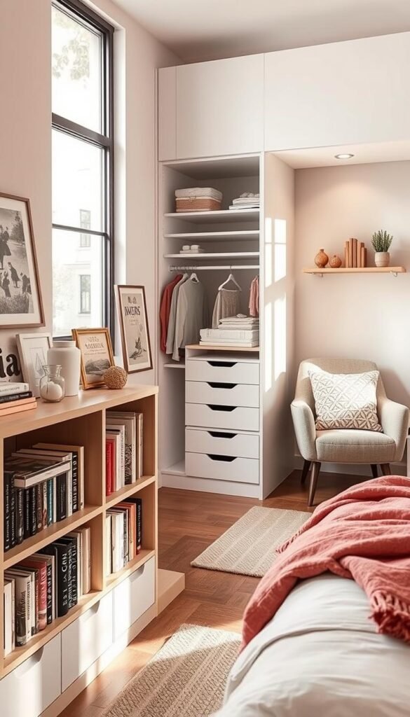 A well-organized girl's bedroom with smart storage solutions. A warm, inviting space with natural lighting pouring in through large windows. In the foreground, a stylish open bookshelf displaying a collection of books, trinkets, and decorative objects. In the middle, a modern closet system with integrated drawers and hanging rods, optimizing the available space. The background features a cozy reading nook with a plush armchair and a decorative throw blanket. Soft, muted colors and textures create a calming atmosphere, while strategically placed task lighting and floating shelves add functionality and visual interest.
