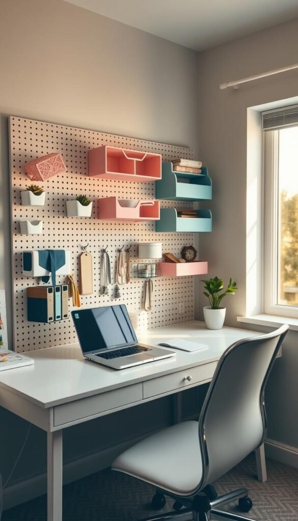 A well-organized pegboard desk in a cozy, sunlit girls' bedroom. The pegboard takes up the full width of the desk, displaying a variety of stylish storage accessories - geometric shelves, pastel-colored bins, and decorative hooks. The desk itself is clean and minimal, with a laptop, a potted plant, and a few other personal items. The room has soft, warm lighting from a large window, casting a golden glow over the scene. The overall aesthetic is modern, minimalist, and feminine, perfect for a teenager's study space. A well-organized pegboard desk in a cozy, sunlit girls' bedroom. The pegboard takes up the full width of the desk, displaying a variety of stylish storage accessories - geometric shelves, pastel-colored bins, and decorative hooks. The desk itself is clean and minimal, with a laptop, a potted plant, and a few other personal items. The room has soft, warm lighting from a large window, casting a golden glow over the scene. The overall aesthetic is modern, minimalist, and feminine, perfect for a teenager's study space.