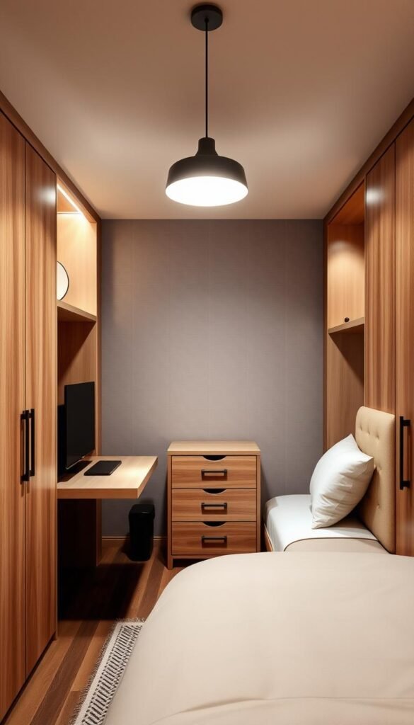 A well-organized small bedroom with a sleek, multifunctional bed frame that features built-in storage and a desk attachment. The frame is made of light wood with clean lines, complemented by a plush, tufted headboard. Soft ambient lighting from a modern pendant fixture casts a cozy glow. In the middle ground, a compact dresser with multiple drawers provides ample storage. The background showcases a minimalist wall treatment, perhaps a textured accent wall or a patterned wallpaper, adding depth and visual interest. The overall atmosphere is one of efficiency, comfort, and intentional design for a harmonious, space-saving bedroom.