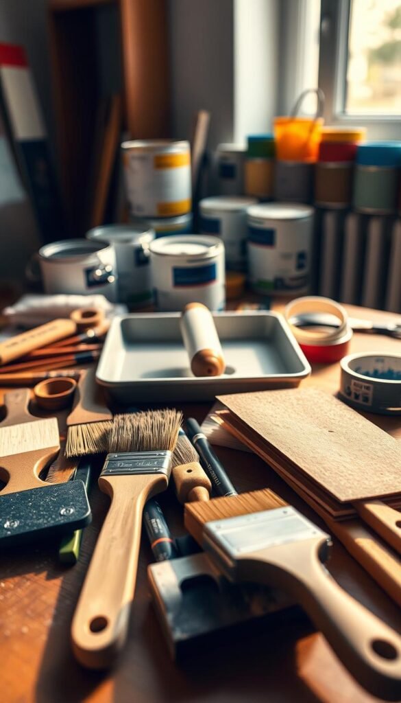 A well-organized table-top arrangement showcasing an assortment of DIY painting preparation tools, bathed in warm, natural lighting. In the foreground, an assortment of high-quality paintbrushes, scrapers, and sandpaper sheets. In the middle, a paint tray, roller, and painter's tape. In the background, a selection of paint cans and color swatches, hinting at the creative potential. The overall mood is one of focused productivity, conveying the idea of a thoughtfully planned DIY painting project. The image should have a crisp, realistic aesthetic, captured from a slightly elevated angle to provide a comprehensive view of the tools.