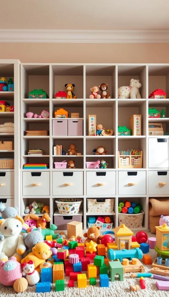 A well-organized toy storage system with multiple compartments, shelves, and drawers. The foreground features a variety of colorful toys neatly arranged, including plush animals, building blocks, and wooden puzzles. The middle ground showcases a modular shelving unit with labeled bins and cubbies, allowing for easy categorization and accessibility. In the background, a warm, natural-lit room with soft, neutral tones creates a calming atmosphere, complementing the organized and tidy display of the toy storage system. The image captures the essence of a practical and visually appealing solution for keeping a girls' bedroom clutter-free and well-maintained.