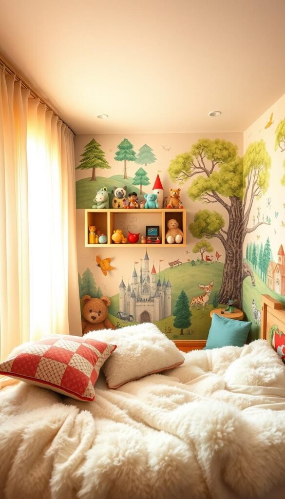 A whimsical and playful bedroom, flooded with warm, natural light filtering through sheer curtains. In the foreground, a plush, cloud-like bed adorned with fluffy pillows and a playful patchwork quilt. Midground features a floating bookshelf with a menagerie of stuffed animals and quirky trinkets. The background showcases a feature wall with hand-painted, storybook-inspired murals - forests, castles, and fanciful creatures. Soft, pastel hues throughout, complemented by pops of vibrant color from accent pieces. A sense of childlike wonder and imagination permeates the space, inviting one to dream and explore.