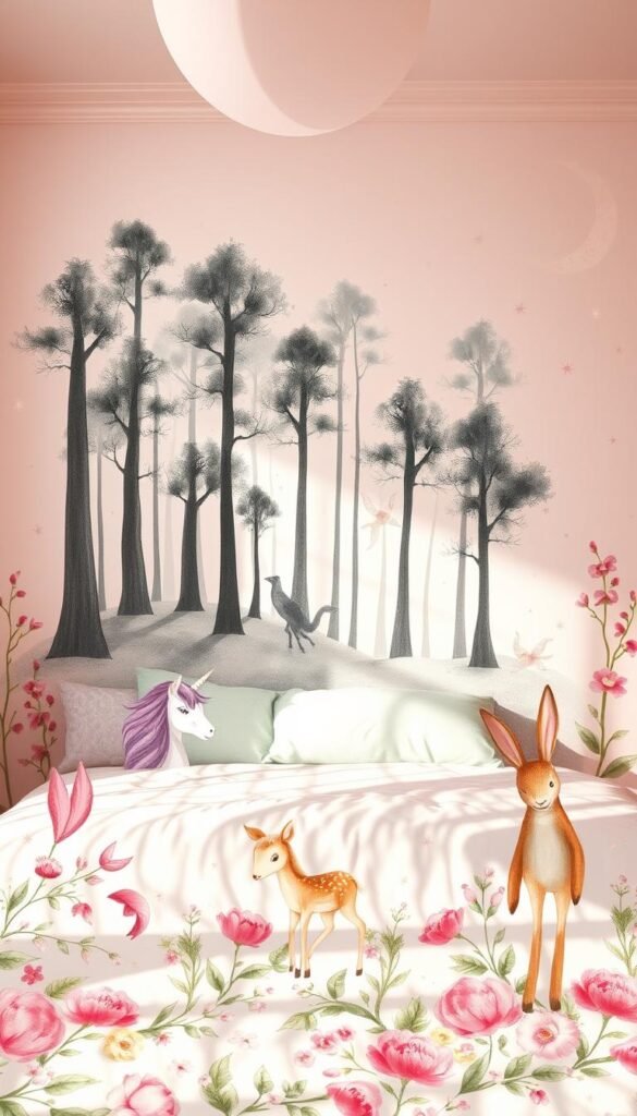 A whimsical girls' bedroom adorned with fantasy wall art, bathed in soft pastel lighting. In the foreground, delicate hand-painted illustrations of woodland creatures - a unicorn, a fawn, and a rabbit - frolic amidst swirling floral patterns. The middle ground features a large, impressionistic mural of a magical forest, with shadowy trees and glowing fireflies. In the background, shimmering celestial motifs - crescent moons, twinkling stars, and wispy clouds - create an enchanting, dreamy atmosphere. Rendered in a warm, watercolor-inspired style, this vibrant and imaginative wall display evokes a sense of playfulness and wonder, perfectly suited for a young girl's personal space.
