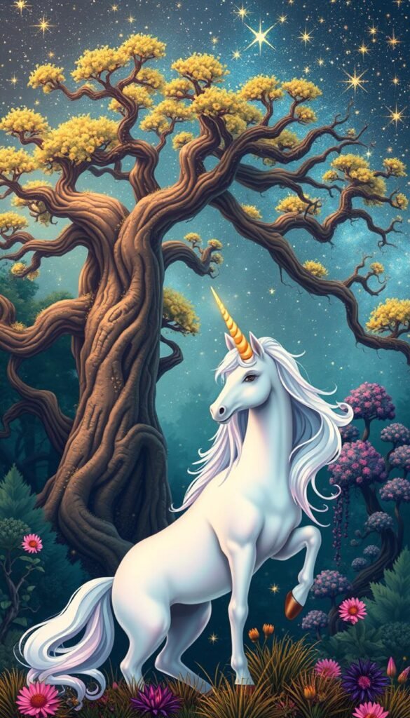 A whimsical, magical unicorn wallpaper design featuring a lush, enchanted forest backdrop. In the foreground, a graceful, iridescent unicorn with a flowing mane and horn gazes peacefully, its horn glowing with a soft, ethereal light. The unicorn is set against a middle ground of towering, fantastical trees with twisted, gnarled branches and vibrant, otherworldly foliage. In the background, a starry night sky with shimmering, celestial patterns creates a sense of wonder and mystique. The overall composition has a dreamlike, fairytale quality, with a warm, inviting color palette and a delicate, detailed aesthetic.