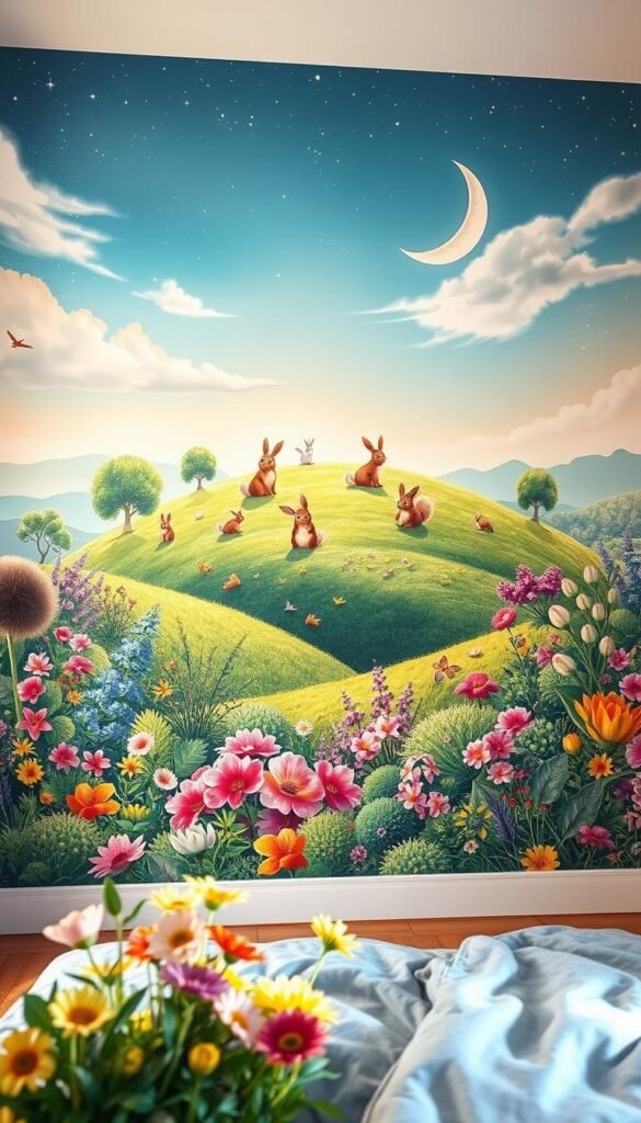 A whimsical mural adorning the walls of a charming girls' bedroom, featuring a dreamy, pastel-hued landscape. In the foreground, a vibrant garden blooms with colorful flowers and lush foliage, casting a warm, soft light across the scene. In the middle ground, a rolling, grassy hill is dotted with enchanting woodland creatures, such as frolicking bunnies and playful squirrels. Beyond, a serene, starry sky unfolds, with wispy clouds and a crescent moon casting a magical, ethereal glow. The overall atmosphere is one of wonder, imagination, and tranquility, creating a truly captivating focal point for the room.