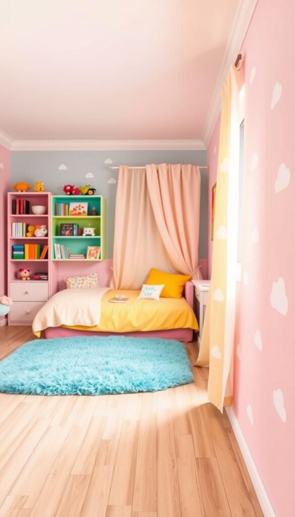 A whimsical, vibrant color palette fills a cozy children's bedroom. In the foreground, a soft pink accent wall provides a dreamy backdrop, accented by delicate white cloud-like shapes that float across it. In the middle ground, a plush turquoise rug anchors the space, complemented by bright yellow bedding and pillows. Playful pastel polka dots adorn the curtains, creating a sense of playfulness. The background features a rainbow-hued bookshelf, its shelves brimming with storybooks and toys. Warm, diffused lighting casts a magical glow, evoking a sense of wonder and imagination. This enchanting color scheme sets the stage for a truly magical and imaginative girls' bedroom.