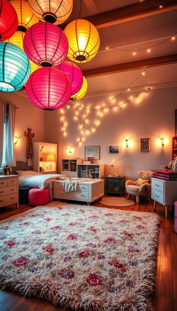 A whimsical, well-lit girl's bedroom with a cozy, imaginative atmosphere. In the foreground, a cluster of vibrant paper lanterns in pastel hues float gently, casting a warm, soft glow. In the middle ground, a large, plush rug in a playful floral pattern grounds the space, surrounded by a mix of modern and vintage furniture pieces. In the background, the walls are adorned with magical, glowing wall sconces that resemble fireflies, illuminating the room with a dreamlike quality. Delicate string lights are draped across the ceiling, adding a touch of enchantment. The overall lighting creates a cozy, inviting ambiance that sparks creativity and wonder.
