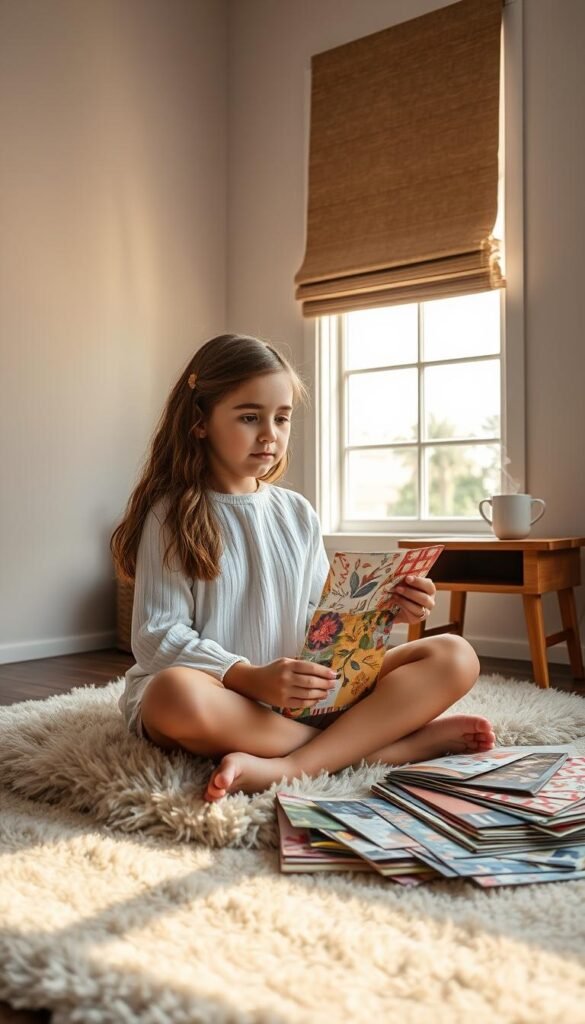 A young girl sits cross-legged on a soft, plush rug, surrounded by swatches of vibrant wallpaper samples. Sunlight streams through a large window, casting a warm glow and gentle shadows across the scene. On a wooden side table, a cup of tea steams gently, hinting at a moment of thoughtful contemplation. The girl's face is filled with a pensive expression as she carefully considers each design, imagining how it would transform the space into her dream bedroom. The room's neutral walls and minimalist furnishings provide a clean, inviting backdrop, allowing the wallpaper samples to take center stage as the focal point of this intimate, inspiring scene.