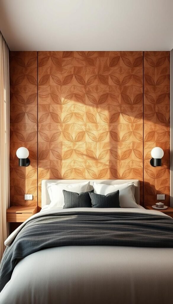 Accent wall design techniques: a cozy bedroom with a stunning feature wall. In the foreground, a textured wall with geometric patterns in warm, earthy tones creates a captivating focal point. Soft, diffused lighting from sconces and natural sunlight filters in, casting gentle shadows and highlighting the intricate design. In the middle ground, a plush, inviting bed with crisp, minimalist bedding complements the accent wall. The background subtly fades into a serene, neutral-toned space, allowing the accent wall to take center stage. The overall atmosphere is one of sophisticated style, calming comfort, and a touch of modern elegance.