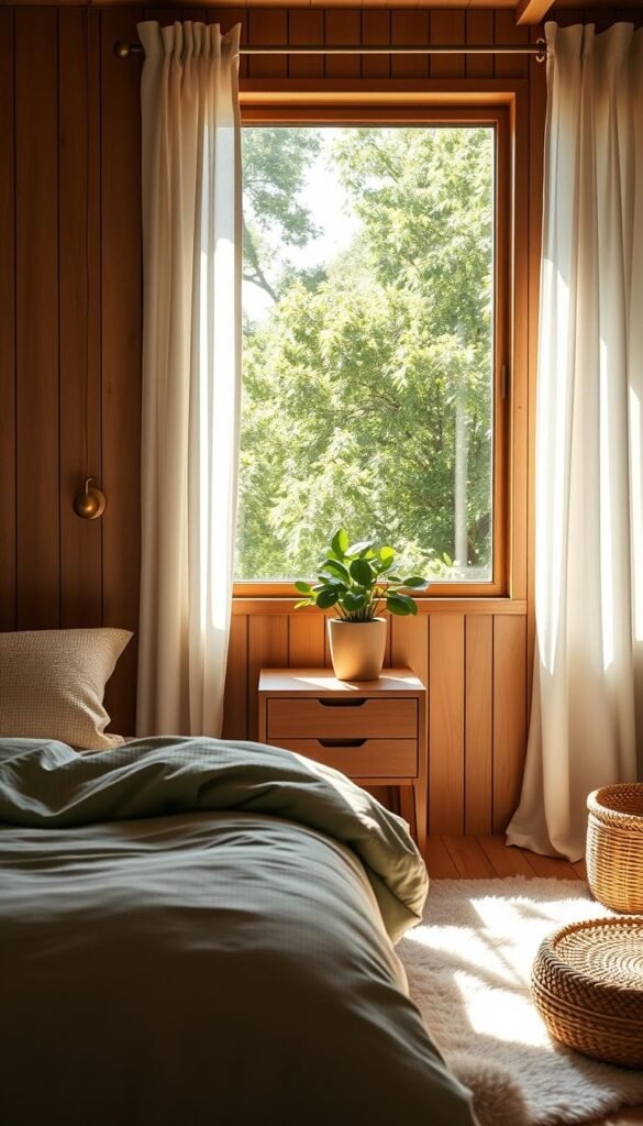 An airy, sun-dappled sage green bedroom with plush textured bedding, a floor-to-ceiling window framing lush greenery, and warm terracotta accents. A mid-century modern nightstand with a potted plant casts soft shadows. The lighting is natural and diffused, creating a tranquil, earthy ambiance. Wooden wall paneling and a fluffy area rug anchor the space, while a delicate sheer curtain billows gently. Minimalist decor elements, like a simple brass wall sconce and a woven basket, complement the soothing color palette.