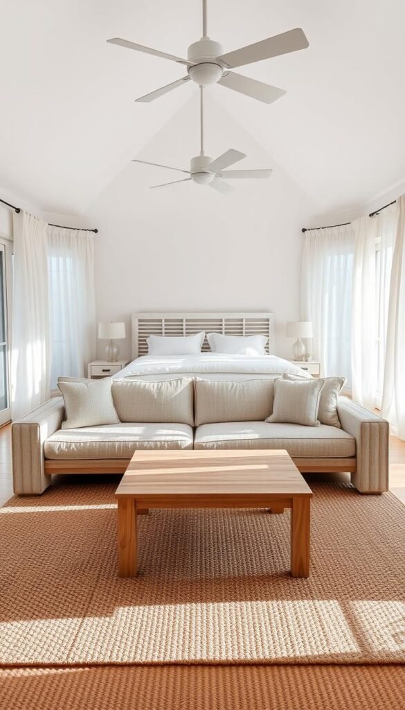 An airy, sun-drenched coastal bedroom featuring a plush, light-colored sectional sofa with a slatted wooden frame and textured upholstery. In the foreground, a low, rectangular coffee table with a natural wood finish rests on a woven area rug, complementing the breezy, casual vibe. Along the back wall, a king-size bed with a whitewashed, slatted wood headboard and crisp, white linens is flanked by minimalist nightstands. Soft, billowing curtains frame the large windows, allowing ample natural light to flood the space. The overall atmosphere is one of relaxation and coastal-inspired serenity.