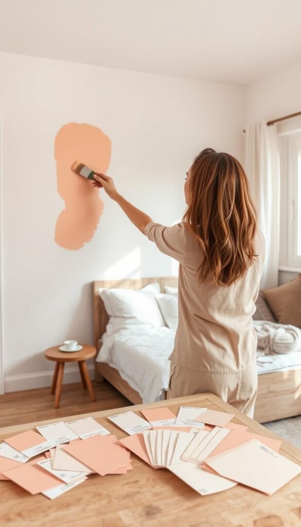 An airy, well-lit bedroom with a neutral-colored wall. In the foreground, a woman gently applies different shades of peach paint to the wall using a high-quality brush, carefully comparing the subtle variations in hue and tone. The middle ground features an array of paint samples, neatly arranged on a wooden surface, allowing for close inspection. The background showcases a cozy, minimalist space, hinting at the potential transformation of the room with the perfect peach shade. Soft, diffused lighting from a window casts a warm, inviting glow, complementing the delicate paint shades. The overall atmosphere is one of thoughtful consideration, as the woman determines the optimal peach tone to create a fresh, serene ambiance.
