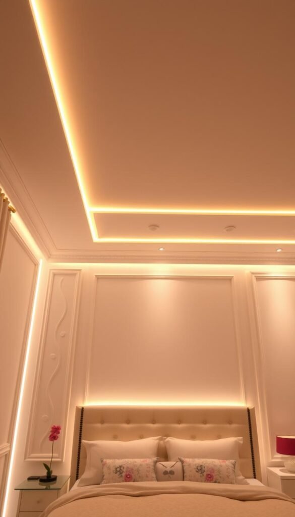 An elegant bedroom setting with LED strip lights installed along the walls and ceiling, casting a warm, ambient glow. The lighting is strategically placed to highlight architectural features, create a cozy atmosphere, and provide soft, diffused illumination throughout the space. The strips are expertly integrated into the design, seamlessly blending with the room's decor. The overall effect is a tranquil, inviting environment that showcases the transformative power of LED lighting in a girls' bedroom.