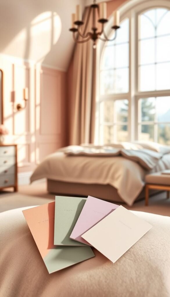 An elegantly lit bedroom with a focus on four distinctive foundation wall colors that could inspire a feminine color palette. The walls are bathed in warm, natural lighting, casting a soft, inviting glow. In the foreground, paint samples in soothing hues of blush, sage, lavender, and soft gray are artfully arranged, inviting the viewer to imagine how these shades could harmonize to create a tranquil, inviting space. The middle ground features a partially visible bed frame and plush bedding, hinting at the cozy atmosphere. In the background, a large window frames a serene outdoor scene, adding to the calming ambiance. The overall composition exudes a sense of sophisticated yet approachable style, perfectly suited for a girls' bedroom.