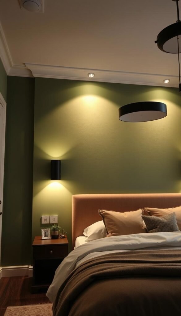 An elegantly lit green accent wall in a cozy bedroom, illuminated by a combination of recessed lighting, wall sconces, and a statement pendant fixture. The lighting creates a warm, inviting ambiance, highlighting the textural details of the wall's surface and casting soft, diffused shadows. The camera angle is slightly elevated, providing a clean, architectural view of the space. The overall mood is one of serenity and relaxation, perfect for showcasing the bedroom's calming green accent wall.