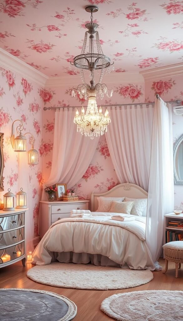 An enchanting pastel-hued bedroom, its walls adorned with ethereal floral wallpaper. A plush canopy bed takes center stage, its sheer curtains billowing softly in the magical lighting. Floating lanterns cast a warm, soothing glow, their flickering flames reflected in the mirrored dresser. A crystal chandelier hovers overhead, its prismatic crystals refracting the light into a mesmerizing display. Soft, pastel-toned rugs line the floor, and a cozy reading nook sits tucked in the corner, its shelves filled with whimsical books. The overall atmosphere is one of dreamlike tranquility, perfectly capturing the essence of a serene, pastel-inspired girls' bedroom.