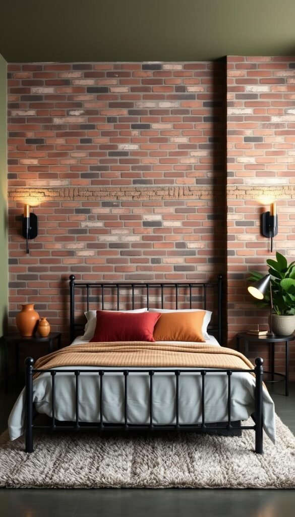 An industrial chic bedroom with a metal-framed bed as the focal point. Exposed brick walls in a soft olive green hue, complemented by textural terracotta accents in the form of a plush area rug and decorative vases. Ambient lighting from sleek, minimalist sconces casts a warm, moody glow. A metal side table with a sculptural lamp adds a touch of industrial elegance, while a lush potted plant softens the space. The overall atmosphere is a harmonious blend of rustic, modern, and nature-inspired elements, creating a cozy and stylish retreat.