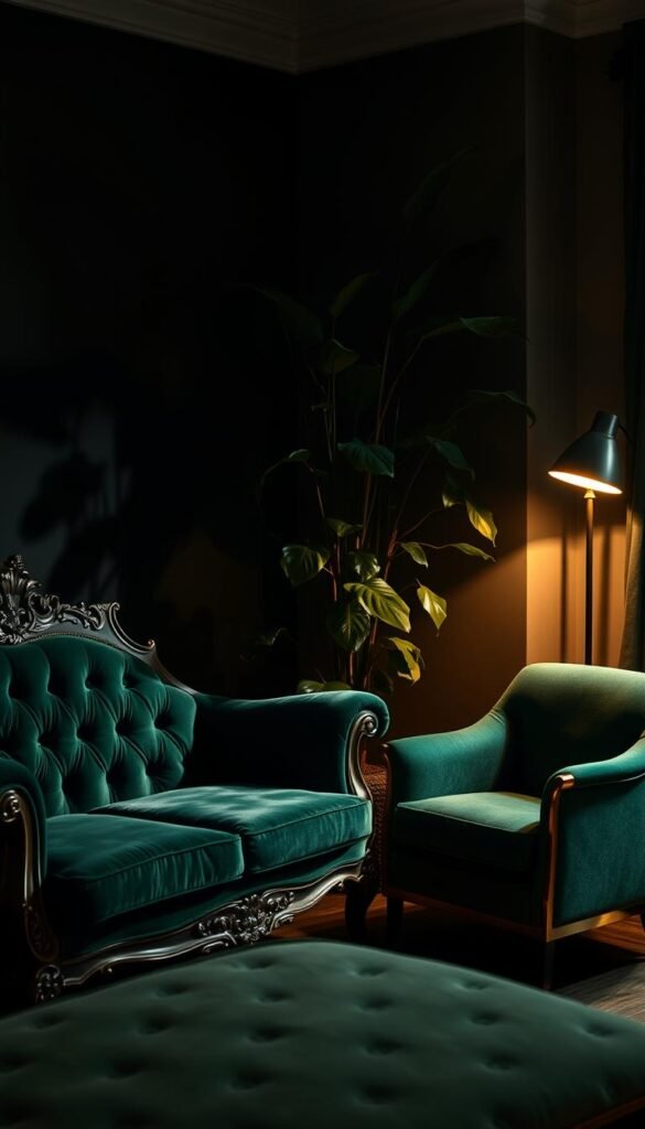 An ornate, mid-century modern green velvet sofa sits prominently in a cozy, dimly-lit bedroom. Beside it, a sleek, emerald-toned armchair with brass accents commands attention. In the background, a tall, leafy plant casts soft shadows, creating a moody, intimate atmosphere. The lighting is warm and atmospheric, with a single floor lamp illuminating the scene. The overall mood is one of sophisticated elegance and a touch of vintage glamour.