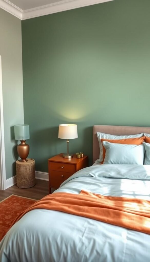 Beautifully balanced bedroom showcasing a vibrant complementary color scheme. In the foreground, a serene bed with plush bedding in soft pastel blue and warm terracotta tones, creating a soothing and harmonious atmosphere. The middle ground features a pair of nightstands in a rich, earthy tone, complemented by minimalist lamps emitting a gentle, diffused light. The background boasts a feature wall painted in a deep, inviting shade of sage green, providing a calming backdrop that enhances the overall tranquility of the space. The image is captured with a wide-angle lens, highlighting the balanced proportions and natural flow of the room, promoting a sense of relaxation and rejuvenation.