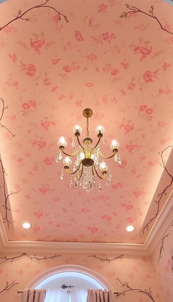 Ceiling design ideas for a modern girls bedroom: Elegant floral-patterned wallpaper covers the ceiling, casting a warm and inviting ambiance. Hanging from the center, a whimsical chandelier with cascading crystals and soft lighting diffuses throughout the space. The ceiling is slightly arched, adding visual interest and a sense of grandeur. Delicate trailing vines and flowers crawl along the edges, framing the room in a nature-inspired motif. Soft, diffused lighting from recessed fixtures illuminates the detailed design, creating a dreamy, enchanting atmosphere perfect for a young girl's sanctuary.