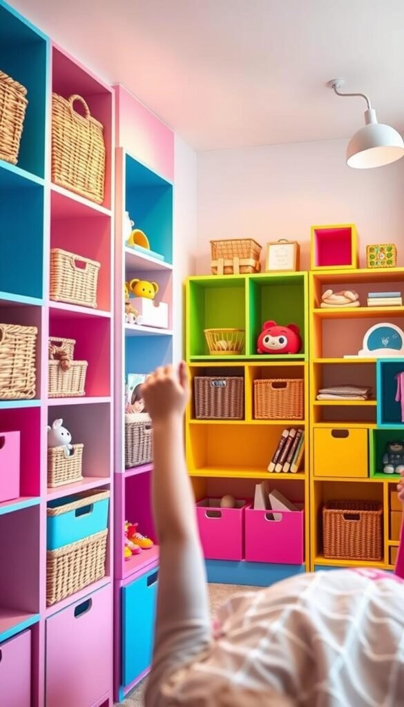 Colorful and whimsical storage solutions for a vibrant kid's bedroom. An array of playful cubbies, shelves, and bins in a rainbow of hues - pink, blue, yellow, green - arranged in an eye-catching, asymmetric pattern across the walls. Soft, diffused lighting from overhead fixtures casts a warm, cozy glow, highlighting the textures of the storage pieces - wood grain, woven baskets, plush fabric bins. In the foreground, a child's hand reaches up to tidy away toys and books, the room a reflection of their boundless creativity and youthful energy. The overall scene exudes a sense of organization and joy, inspiring a sense of wonder and delight.