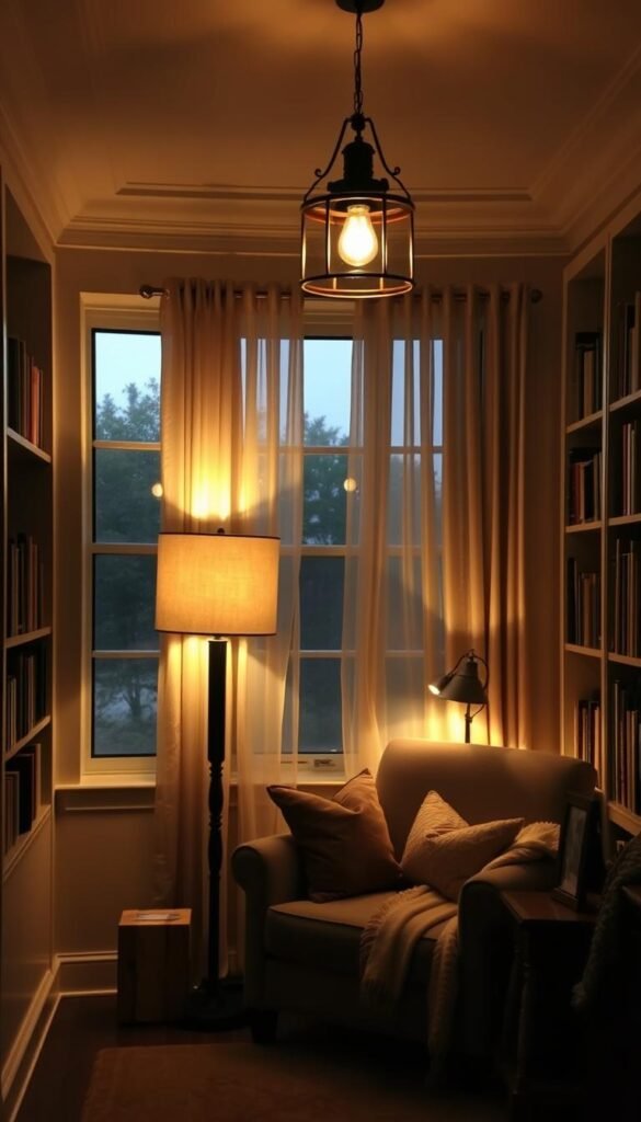 Cozy and inviting reading nook with warm, soft lighting. A comfortable armchair in a corner, surrounded by built-in bookshelves. Gentle illumination from a floor lamp with a linen shade, casting a golden glow. Accent lighting from a small table lamp on an end table, creating a intimate, relaxing ambiance. Overhead, a pendant light with a rustic, industrial-inspired design. Large windows let in natural daylight, with sheer curtains filtering the light. Plush throw pillows and a cozy blanket complete the cozy, welcoming atmosphere perfect for curling up with a good book.