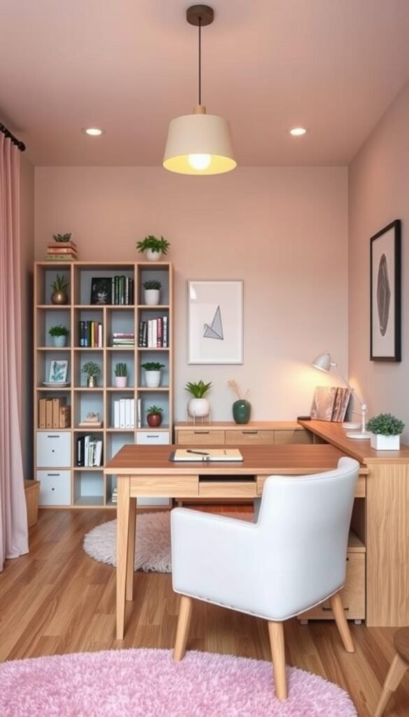 Cozy and stylish teen girl's bedroom, filled with smart furniture choices for function and flair. In the foreground, a sleek wooden desk with ample workspace and built-in storage. Beside it, a comfortable upholstered chair in a pastel hue. In the middle ground, a modular bookshelf unit with cubbies and shelves, housing an array of books, plants, and decorative accents. The background showcases a plush area rug, a chic pendant light, and a feature wall with a minimalist art display. Warm, diffused lighting creates a welcoming ambiance, while clean lines and pops of color evoke a modern, youthful aesthetic. The overall scene strikes a balance between practicality and personal style.