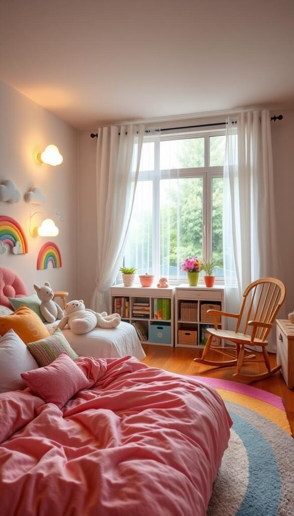 Cozy and vibrant rainbow-themed toddler's bedroom with plush bedding, playful wall decals, and a whimsical cloud-shaped nightlight casting a soft glow. An array of pastel-colored pillows, stuffed animals, and a wooden rocking chair in the foreground. Midground showcases a multicolored rug, bookshelf, and toy chest. The background features a large window overlooking a lush garden, with sheer white curtains filtering natural light. The overall scene evokes a sense of joy, wonder, and boundless imagination. Cozy and vibrant rainbow-themed toddler's bedroom with plush bedding, playful wall decals, and a whimsical cloud-shaped nightlight casting a soft glow. An array of pastel-colored pillows, stuffed animals, and a wooden rocking chair in the foreground. Midground showcases a multicolored rug, bookshelf, and toy chest. The background features a large window overlooking a lush garden, with sheer white curtains filtering natural light. The overall scene evokes a sense of joy, wonder, and boundless imagination.