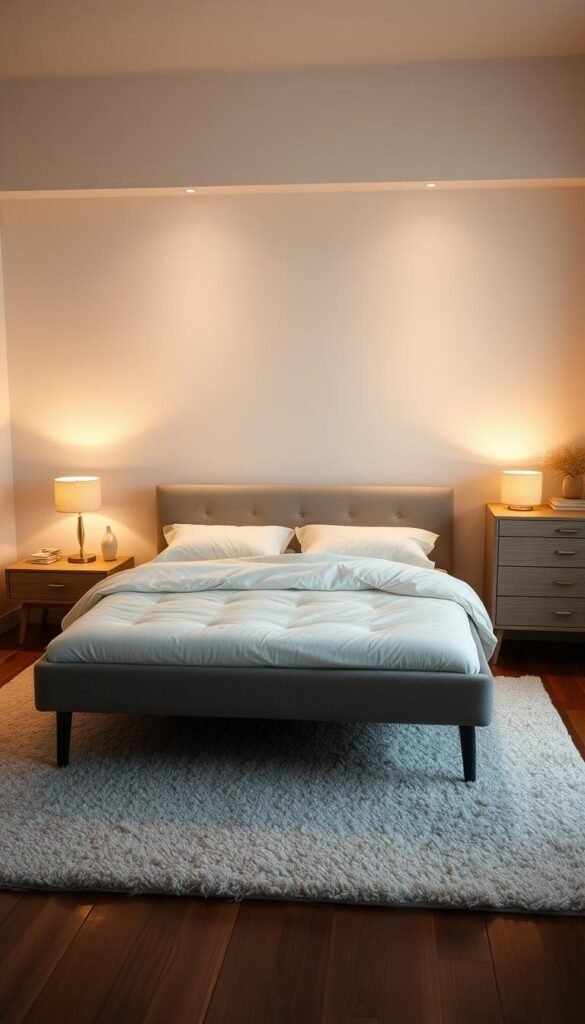 Cozy bedroom with a flexible and adaptable foundation. A plush, low-profile bed frame with clean, modern lines sits atop a soft, neutral-toned rug. Warm, diffused lighting casts a gentle glow, creating a tranquil atmosphere. Complementing the bed are minimalist nightstands and a simple, yet stylish dresser, all in coordinating tones. The overall scene exudes a sense of comfort and flexibility, perfect for a cozy winter retreat.