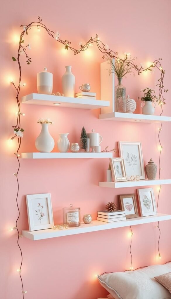 Cozy floating wall shelf decor for a girl's bedroom. Elegant white wood shelves with delicate floral garlands, hanging string lights, and an assortment of feminine accessories like ceramic vases, glass trinkets, and framed botanical prints. The shelves are artfully arranged against a soft pink wall, creating a serene, ethereal atmosphere. Warm, diffused lighting from the string lights casts a gentle glow, adding to the soothing, intimate ambiance. The overall look is whimsical, dreamy, and perfectly suited for a young girl's personal sanctuary.