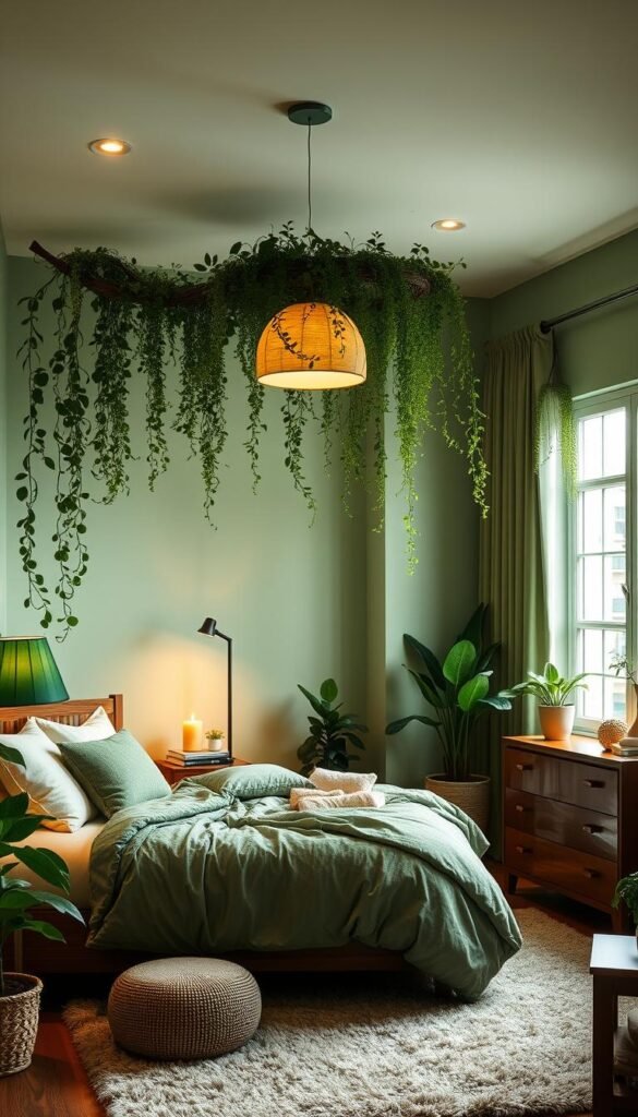 Cozy green-tinted bedroom with lush indoor plants and soft, dimmable lighting. Warm recessed lights cast a gentle glow, complemented by a floor lamp with a verdant shade. Cascading vines and hanging ferns create a serene, natural atmosphere. A large window bathes the space in diffused daylight, reflecting off glossy wood furniture. Plush, earthy-toned textiles and a plush area rug add to the tranquil, biophilic ambiance. The overall effect is a peaceful, restorative sanctuary perfect for unwinding.