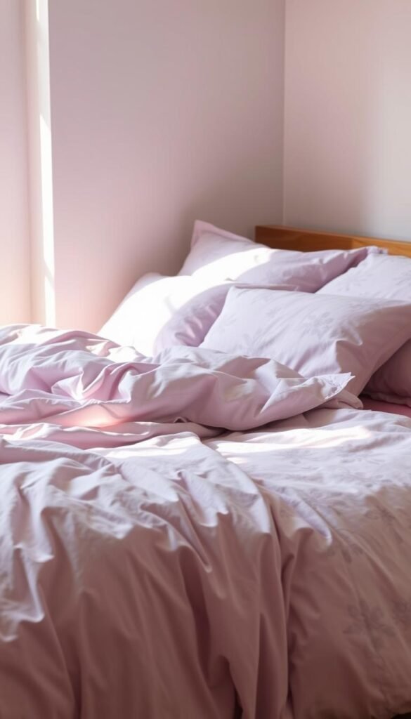 Cozy lilac bedding with soft, billowing duvet cover and plush pillow shams. Delicate floral patterns and subtle textures create a serene, inviting atmosphere. Warm, diffused lighting illuminates the scene, casting gentle shadows and highlighting the luxurious fabrics. The bed is positioned in a cozy, minimalist bedroom setting, with clean white walls and natural wood accents. An overall sense of comfort and relaxation permeates the scene, perfect for a peaceful night's sleep. Cozy lilac bedding with soft, billowing duvet cover and plush pillow shams. Delicate floral patterns and subtle textures create a serene, inviting atmosphere. Warm, diffused lighting illuminates the scene, casting gentle shadows and highlighting the luxurious fabrics. The bed is positioned in a cozy, minimalist bedroom setting, with clean white walls and natural wood accents. An overall sense of comfort and relaxation permeates the scene, perfect for a peaceful night's sleep.