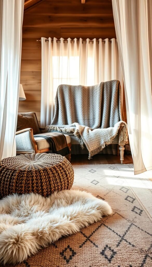 Cozy textured fabrics and plush rugs fill a warm, inviting bedroom. In the foreground, a fluffy sheepskin rug in soft ivory complements a low-slung woven pouf in earthy tones. Nearby, a sumptuous velvet throw in a jewel-toned hue drapes over a vintage armchair. In the middle ground, a large, chunky knit blanket in a muted palette cascades over a distressed wooden bench. Wisps of sheer curtains frame the scene, letting in gentle natural light that casts a glowing, ambient atmosphere. Underfoot, a hand-knotted area rug in a subtle, geometric pattern grounds the space with tactile richness. The overall effect is one of cozy, lived-in comfort - a sanctuary for dreamers.
