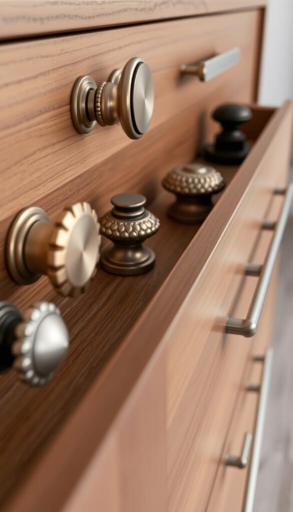 Detailed close-up of various dresser hardware and drawer pulls on a sleek, modern wooden dresser. The metallic hardware gleams under soft, warm lighting, showcasing intricate designs and textures. The foreground features an array of knobs, pulls, and handles in a variety of finishes, including brushed gold, matte black, and polished chrome. The middle ground presents the dresser drawers, with the hardware seamlessly integrated into the clean, minimalist design. The background provides a subtle, neutral backdrop to allow the focus to remain on the exquisite details of the dresser accessories.
