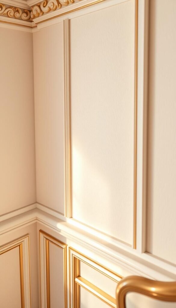 Detailed wall molding design with ornate gold and white accents. Intricate crown molding and baseboards in a classic, elegant style. Soft, warm lighting illuminates the textured surfaces, casting subtle shadows that accentuate the architectural details. A high-angle, close-up view captures the craftsmanship and luxurious feel of the molding. The composition emphasizes the decorative elements, creating a focal point that would complement a luxurious white and gold bedroom setting.