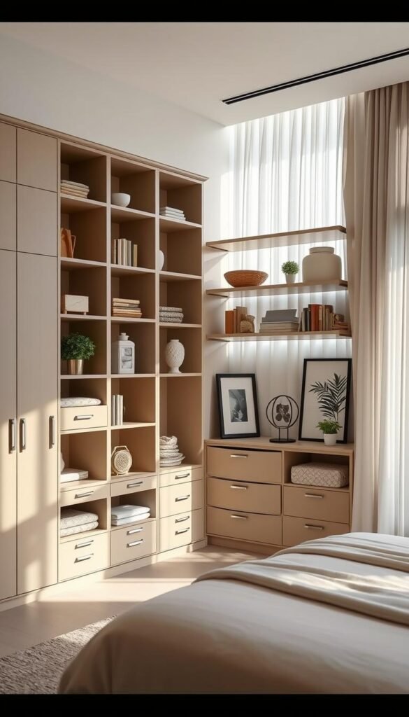 Elegant and organized bedroom featuring sleek floor-to-ceiling shelving units, cubbies, and drawers in neutral tones. Soft natural lighting filters through sheer curtains, creating a calming ambiance. The arrangement showcases an array of stylish storage solutions, from concealed compartments to open display spaces, optimizing every inch of the room. Carefully curated decor elements, such as potted plants, framed artwork, and accent pillows, add personal touches and visual interest. The overall design strikes a balance between functionality and aesthetics, making it a harmonious and inviting space.