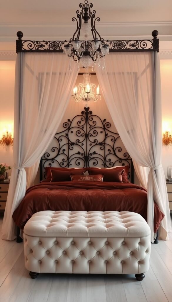 Elegant canopy bed with intricate metalwork headboard, surrounded by sheer curtains that cascade softly. Warm, diffused lighting from sconces and a crystal chandelier creates a cozy, romantic atmosphere. The bed is placed in a spacious, airy bedroom with pale wood floors and a plush, tufted ottoman at the foot of the bed. Lush, velvet bedding in a deep, jewel-toned hue completes the luxurious, high-end aesthetic. The overall scene conveys a sense of comfort, style, and a touch of whimsy, perfect for a teen girl's personal sanctuary.