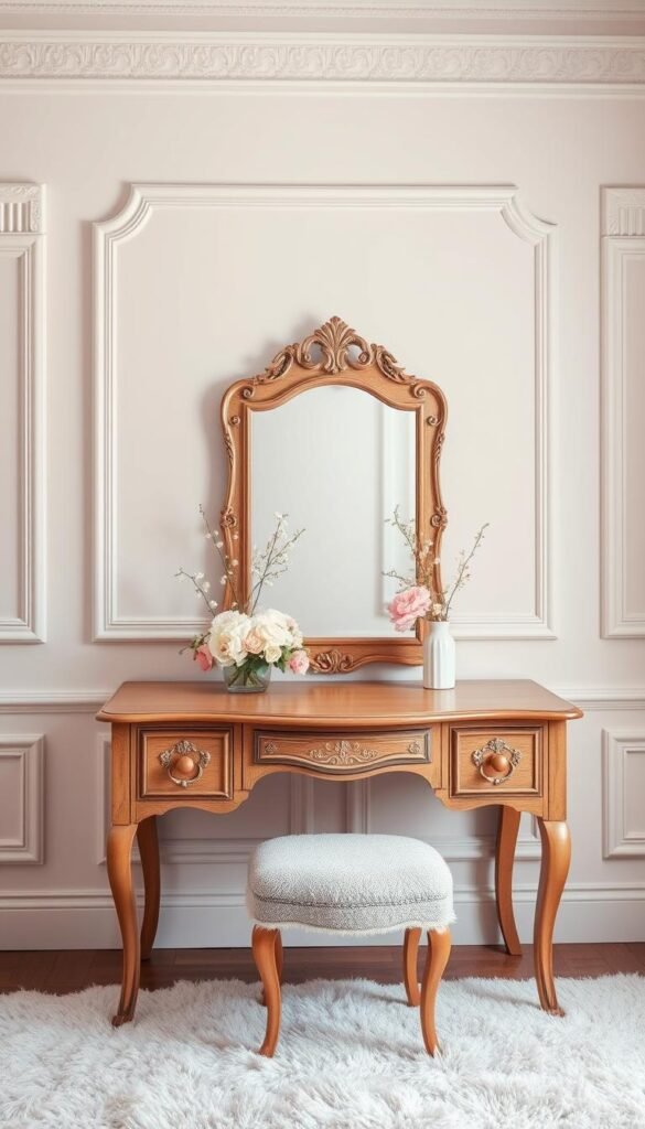 Elegant vanity setup with a painted wall backdrop. A wooden vanity with a framed mirror, adorned with delicate floral arrangements, sits atop a plush rug. The wall behind features a soothing pastel hue, accentuated by intricate molding details. Soft, diffused lighting bathes the scene, creating a serene and inviting ambiance. The overall composition exudes a charming, feminine aesthetic suitable for a girls' bedroom.