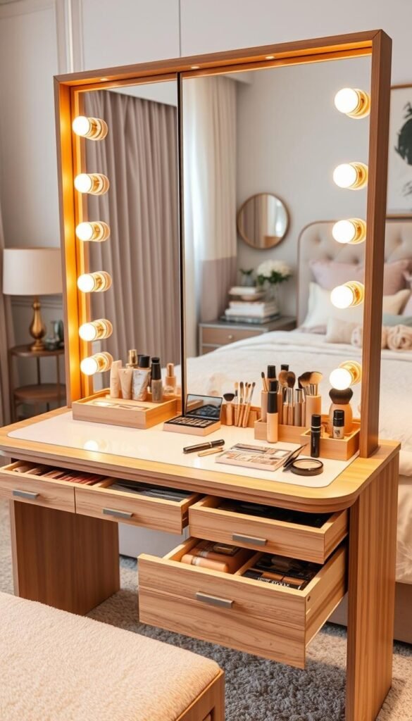 Elegant vanity table with smart storage solutions, neatly organized drawers and compartments, warm lighting, and a luxurious mirrored surface reflecting the meticulously arranged makeup, brushes, and beauty products. The foreground features a polished wooden vanity with sleek design, while the background showcases a cozy, feminine bedroom setting with soft textures and pastel tones. The overall composition conveys a sense of sophistication, functionality, and personal style, perfect for a modern girl's bedroom.