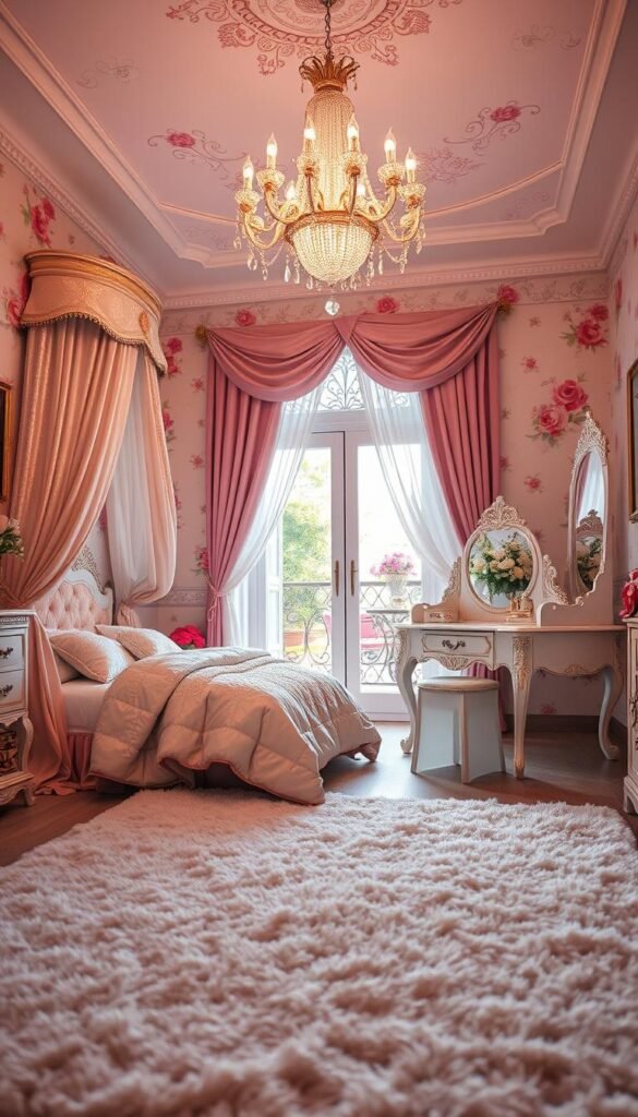 Enchanting princess bedroom, adorned with exquisite details: a canopy bed draped in shimmering fabric, delicate floral wallpaper, and a sparkling crystal chandelier casting a warm glow. In the foreground, a plush rug in pastel hues invites barefoot exploration, while a vanity table with intricate mirrors and jewelry boxes stands ready for a princess's daily rituals. Soft, diffused lighting filters through sheer curtains, creating an atmosphere of whimsical elegance. In the background, a balcony overlooks a magical garden, hinting at the wonders beyond. This captivating scene celebrates the dreams and imagination of a young, aspiring princess.