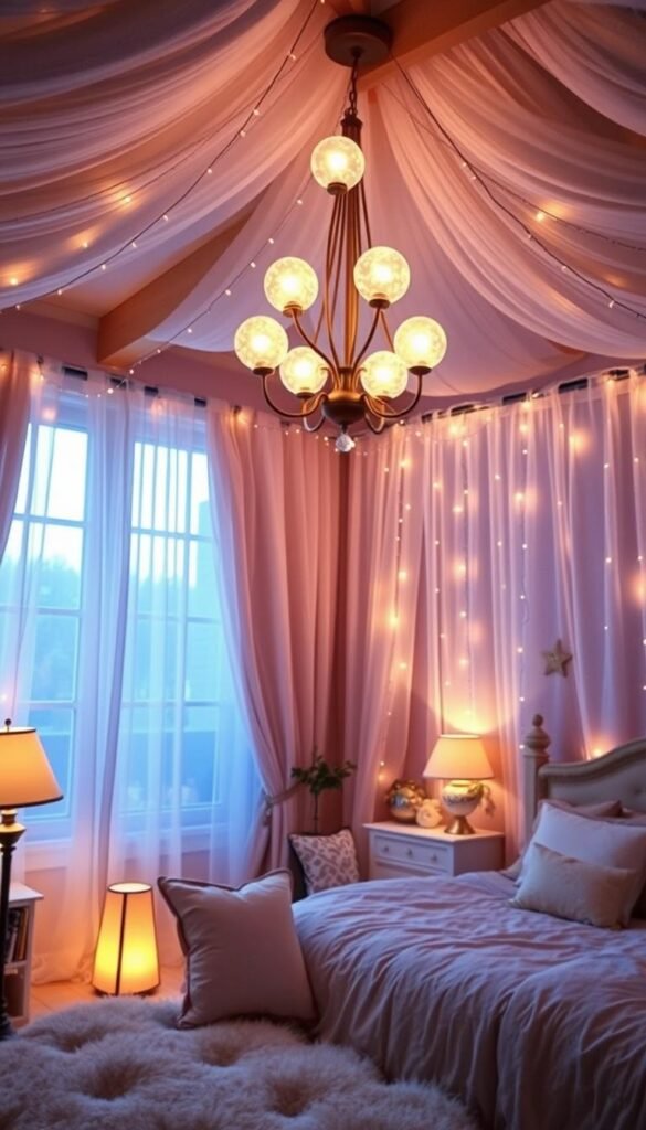 Layered lighting fills a cozy, enchanting bedroom with a warm, dreamlike glow. Soft, ambient floor lamps cast a gentle illumination, while a central chandelier adorned with glowing orbs radiates a magical, aurora-like shimmer. Delicate string lights twinkle along the ceiling beams, casting a captivating, twinkling effect. Diaphanous curtains filter the light, creating an ethereal, diffused atmosphere. Plush, pastel-hued furnishings and whimsical, fairytale-inspired decor elements complete the cozy, enchanting scene, inviting the viewer to step into a realm of dreamlike wonder.