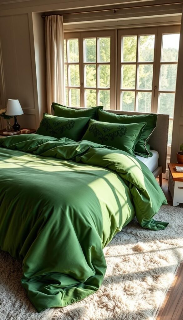 Lush, verdant bedding cascades over a king-size mattress, its sumptuous texture beckoning for a restful slumber. Soft, deep green velvet duvet cover and matching pillowcases exude an air of sophisticated elegance, complemented by ornate, intricate embroidery. Natural lighting filters in through large windows, casting a warm, inviting glow across the serene scene. The bed is positioned centrally, commanding attention, while plush area rugs and minimalist side tables complete the tranquil, luxury bedroom setting. An atmosphere of comfort and relaxation permeates the space, inviting the viewer to sink into the welcoming embrace of the indulgent green bedding.